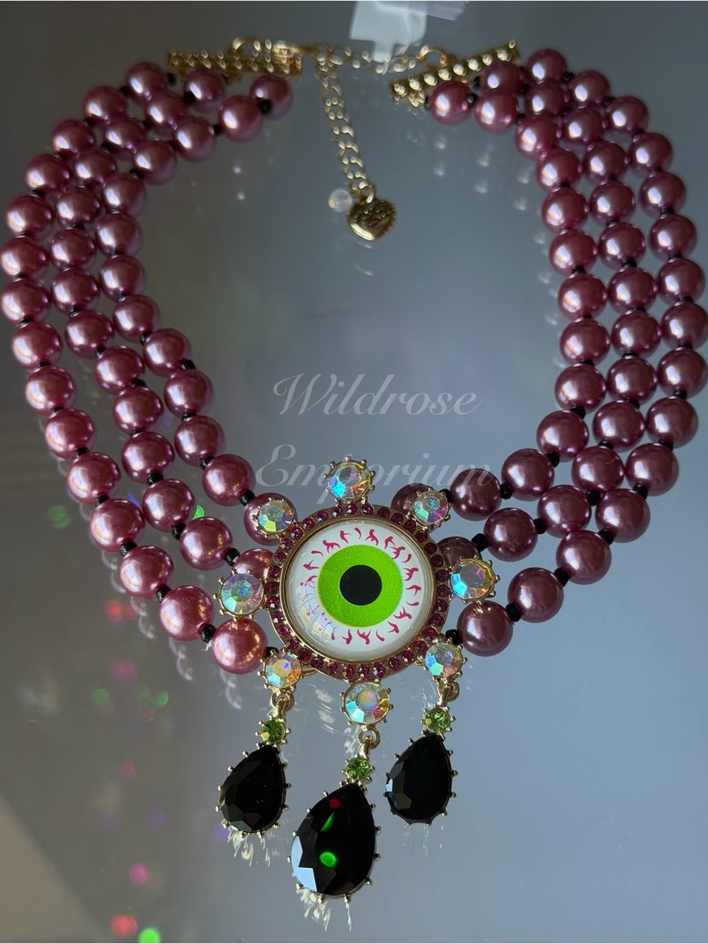 RARE Betsey Johnson evil eye eyeball purple gold tone Halloween Necklace - Picture 4 of 10